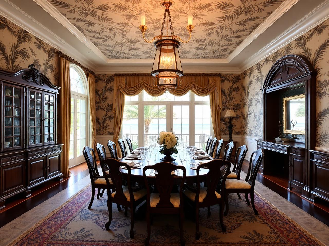 Dining room seating sixteen with water views