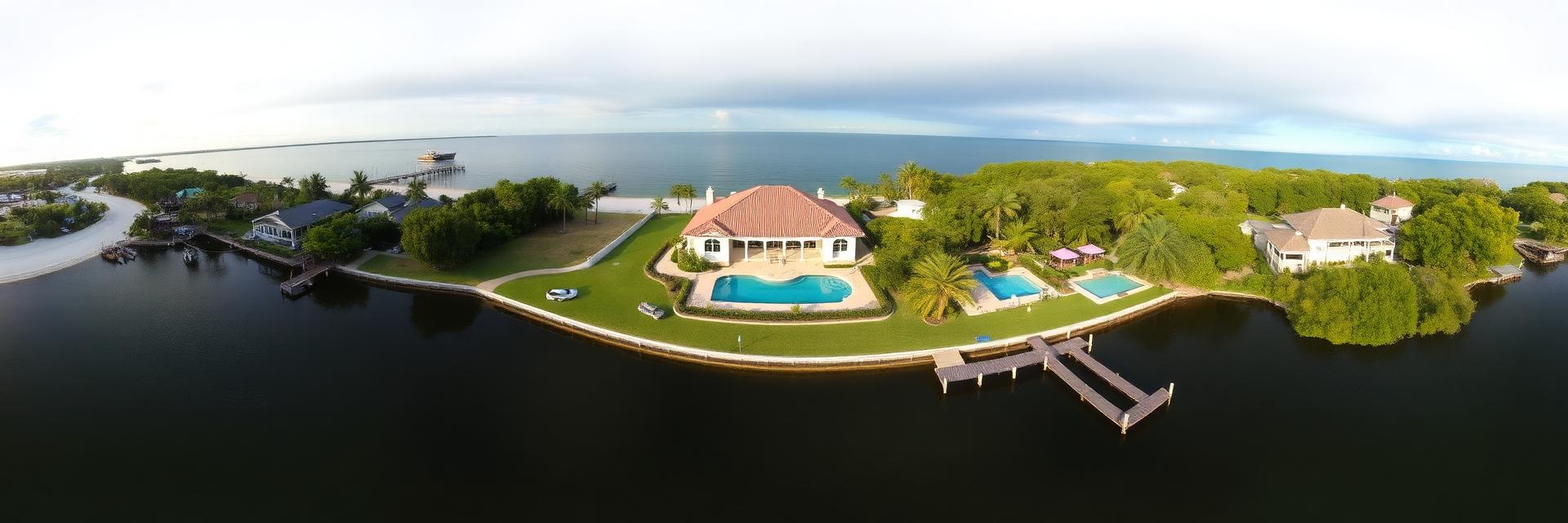 360 degree aerial panorama of the Gulf to bay compound, pool and tennis lawn