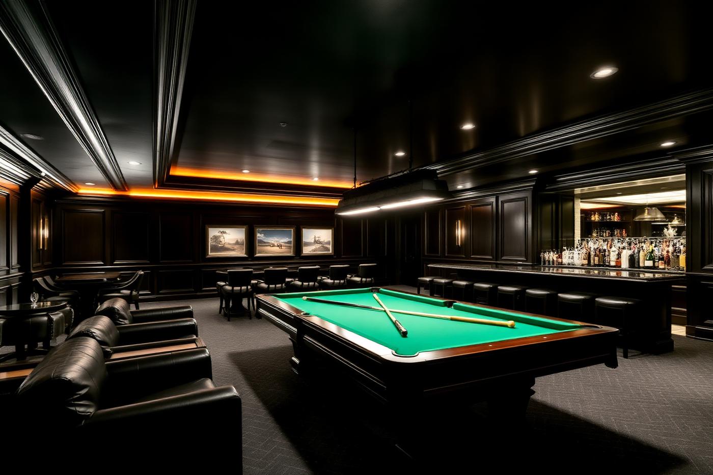 Dark-panelled club room with billiards table and bar