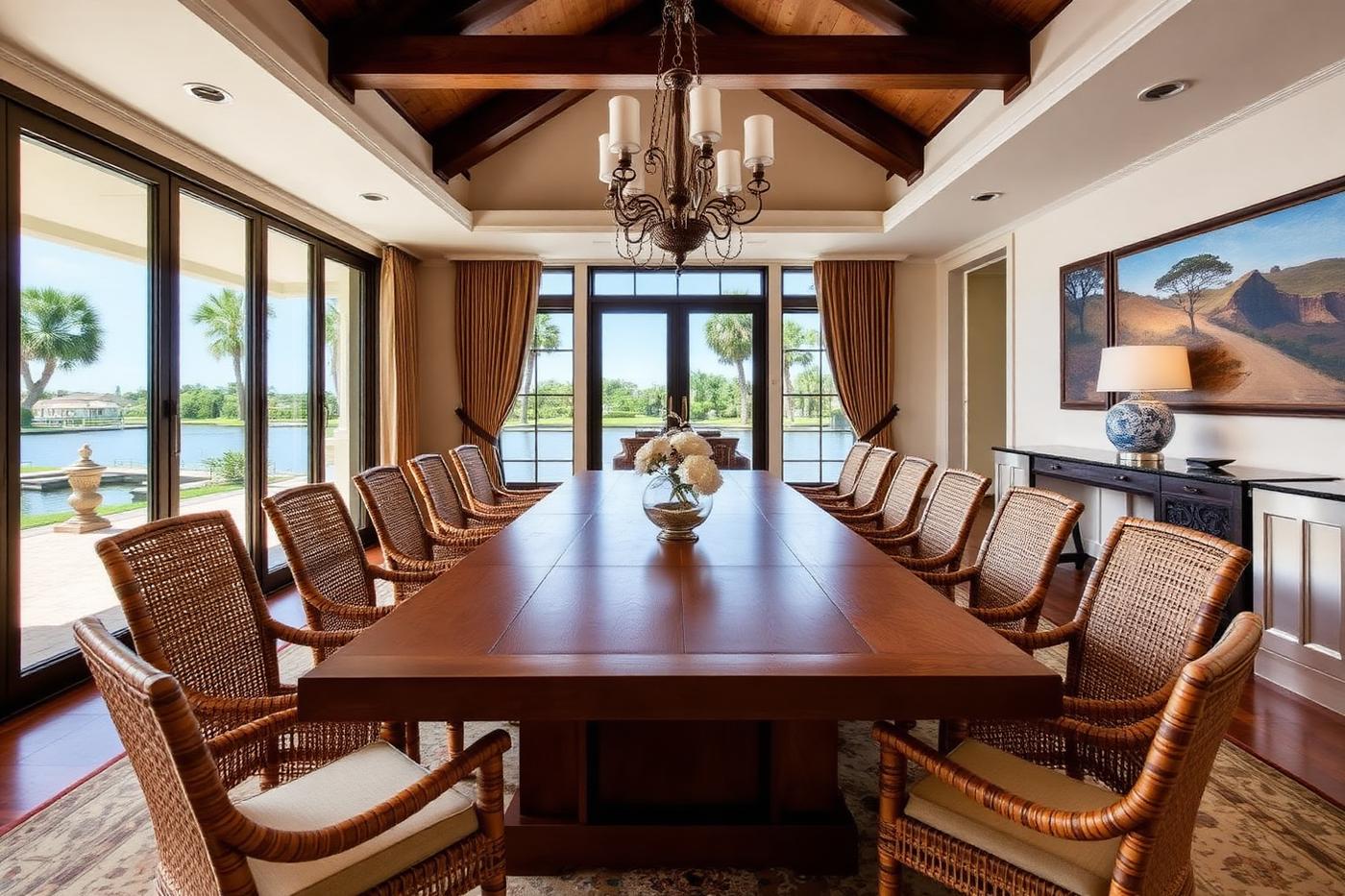 Formal dining room seating fourteen with water views