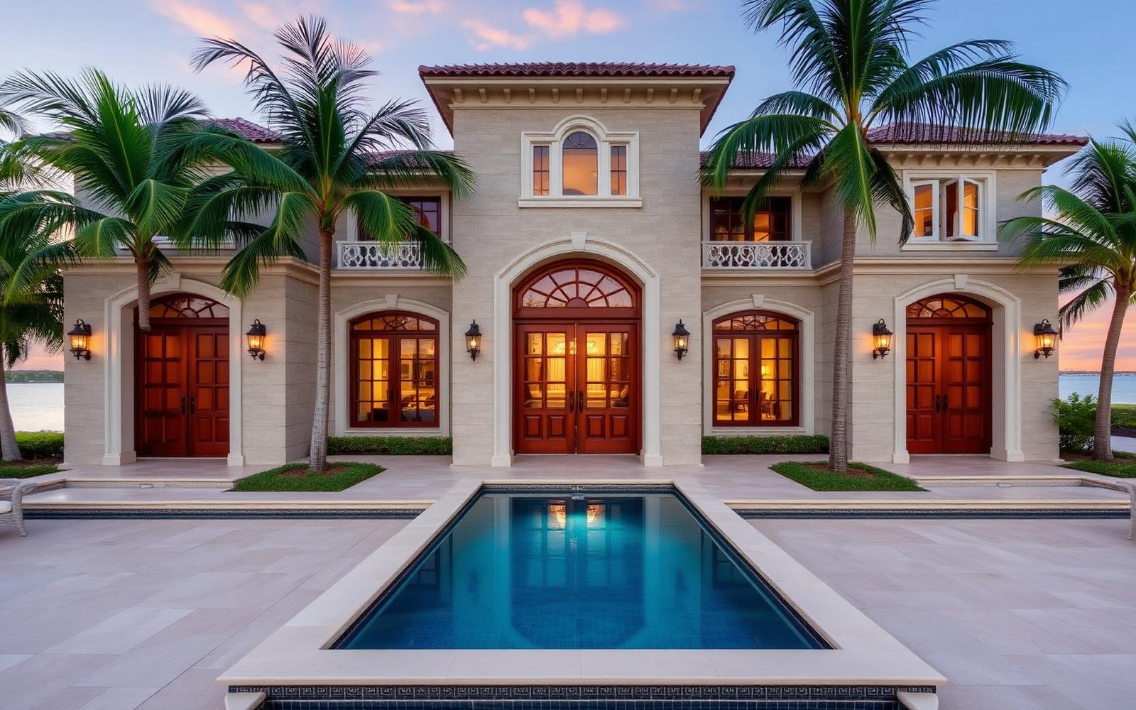 Grand limestone West Indies mansion in Port Royal Naples with reflecting pool and palms at dusk