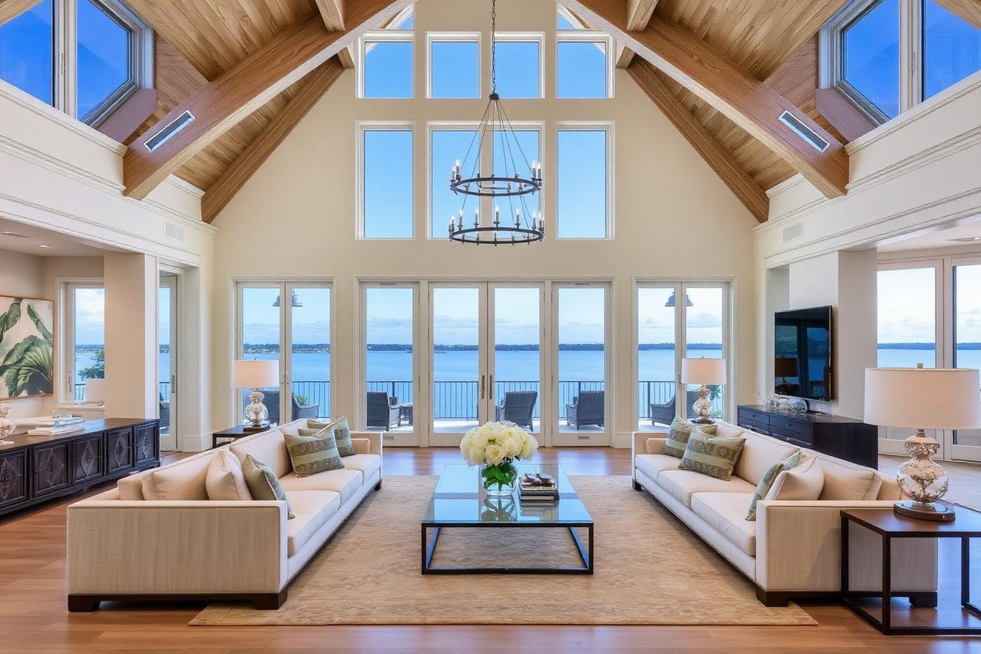 Beamed double-height great room facing the bay