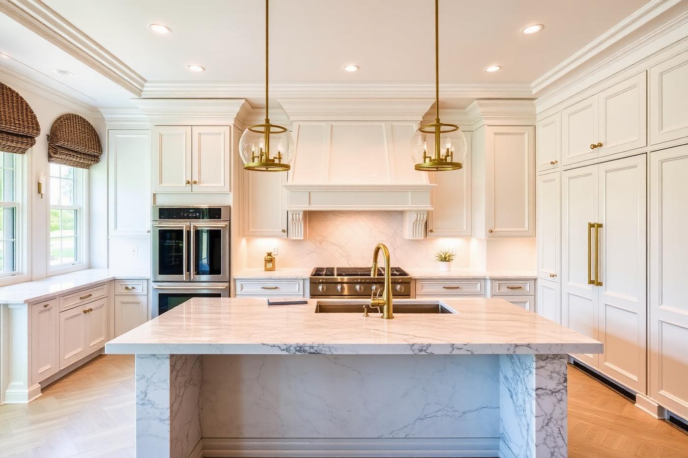 Marble chef's kitchen with brass fittings and butler's pantry