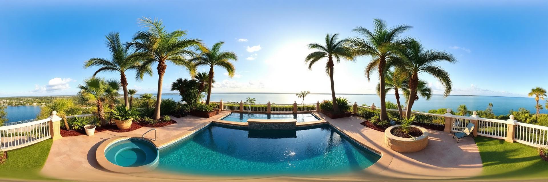 360 degree panorama of the estate terrace, pool and Naples bay horizon