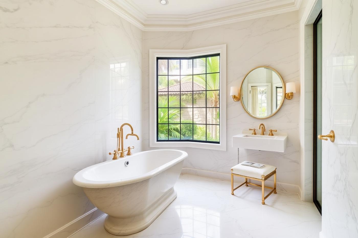 Marble primary bath with freestanding tub and garden window
