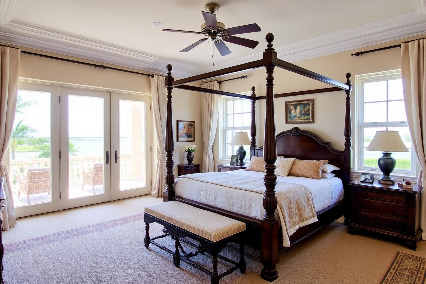 Primary suite with four-poster bed and terrace doors