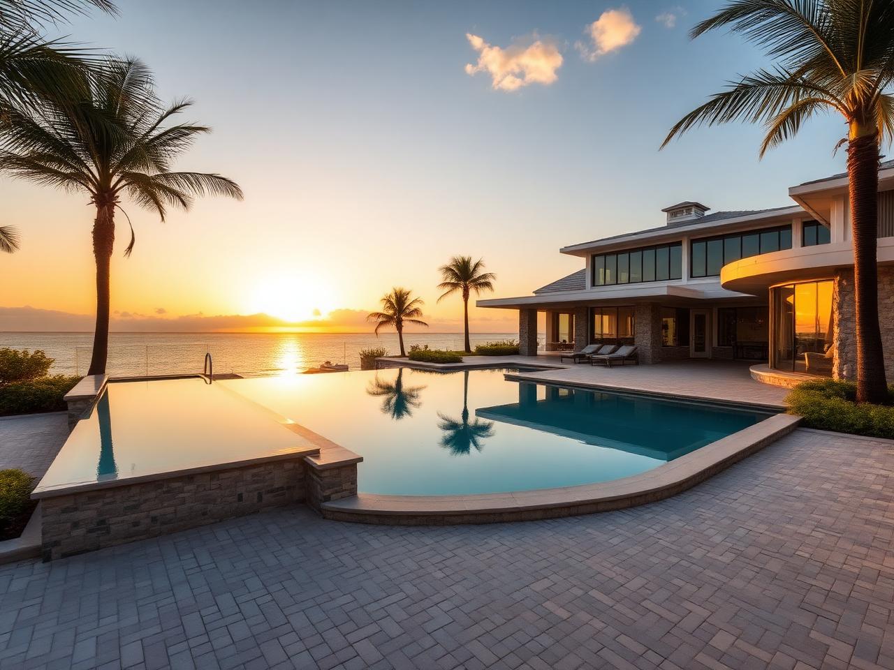 Coastal contemporary villa on Siesta Key with resort pool and rooftop terrace at golden hour