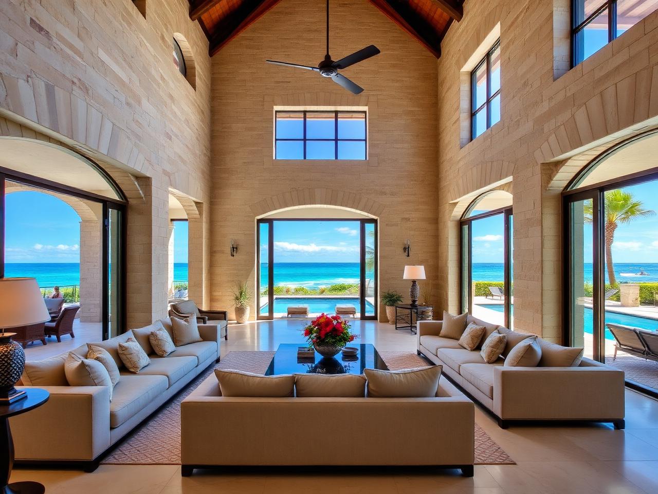 Great room with white oak floors and pool-terrace glass