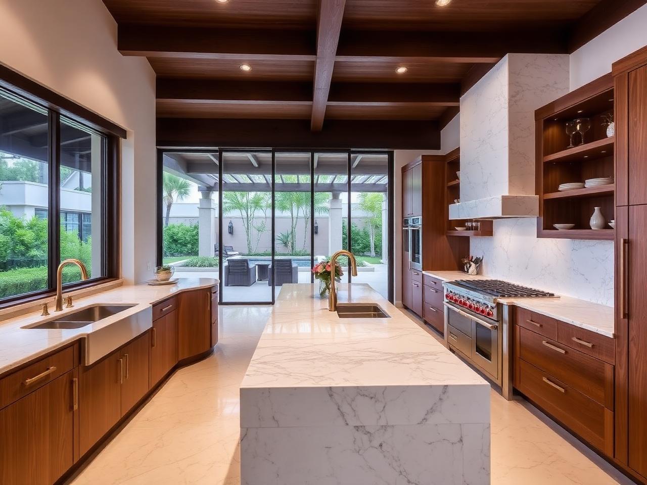 Coastal kitchen with double island and pale cabinetry