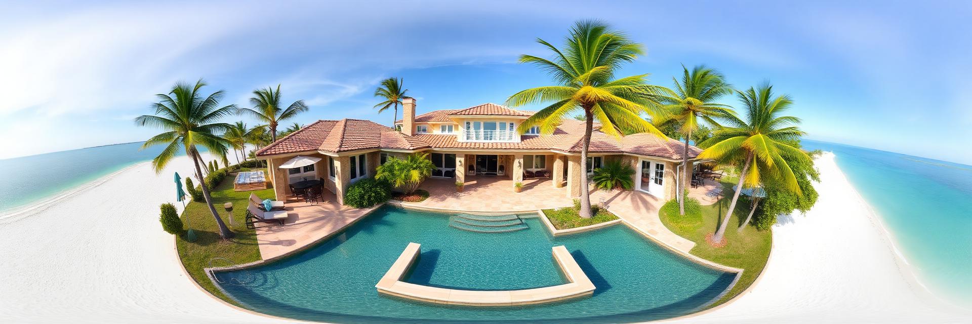 360 degree aerial panorama of the villa grounds, pool terrace and Siesta Key canopy
