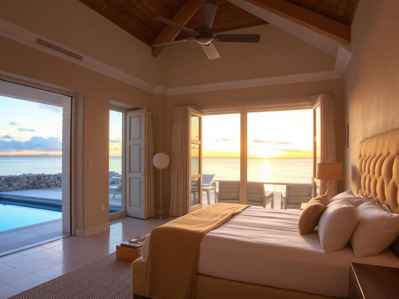 Primary suite with private balcony over the pool