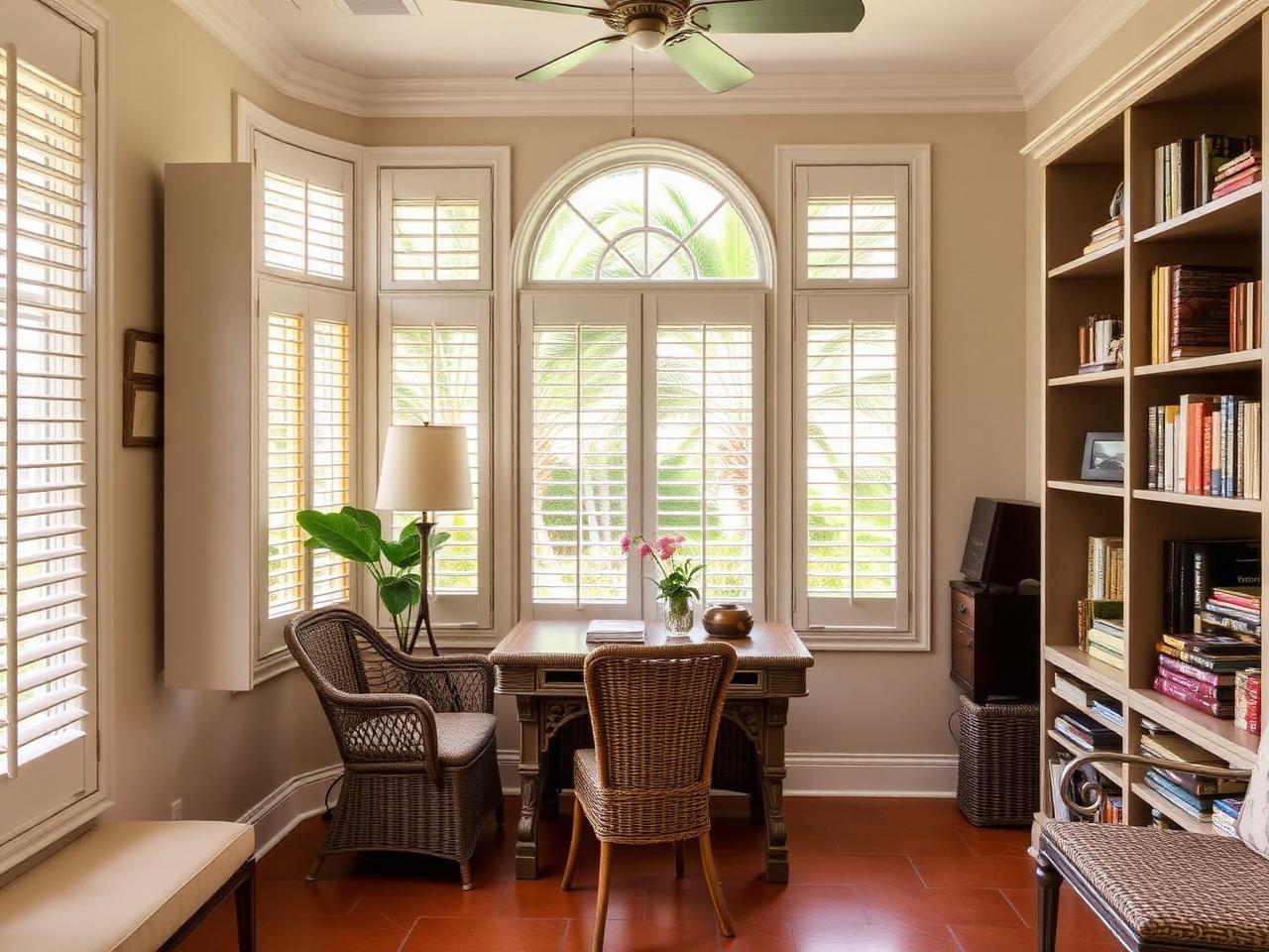 Study with bookshelves and French doors to the garden
