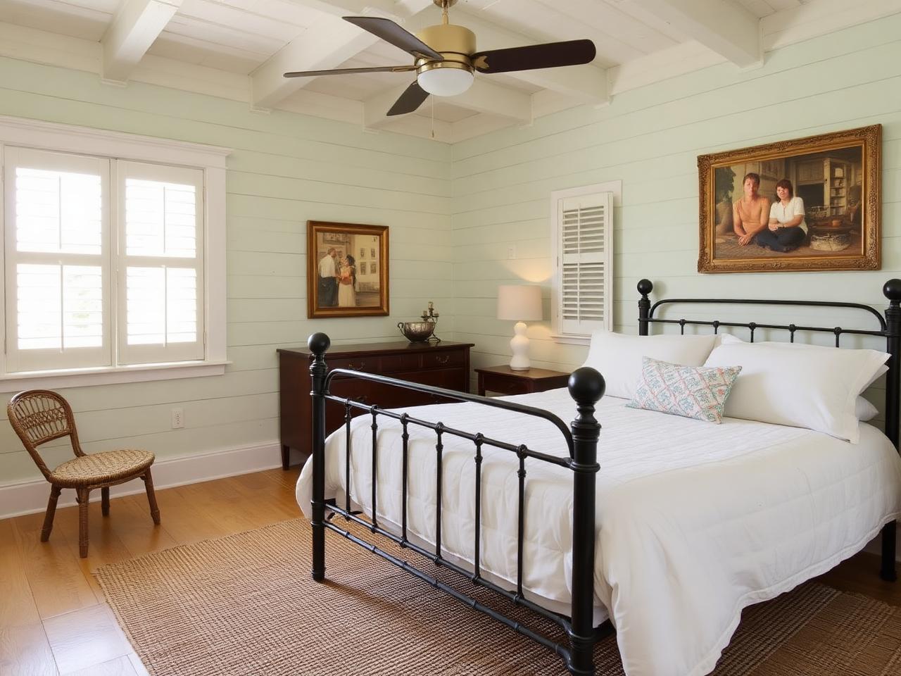 Guest bedroom with cane headboard and garden view