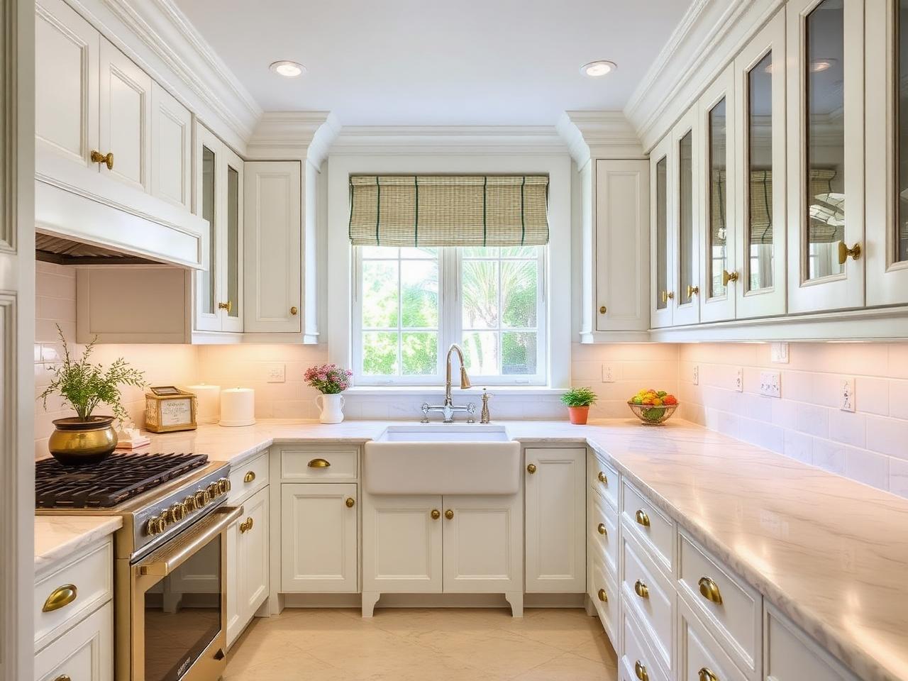 Cottage kitchen with marble counters and antique brass