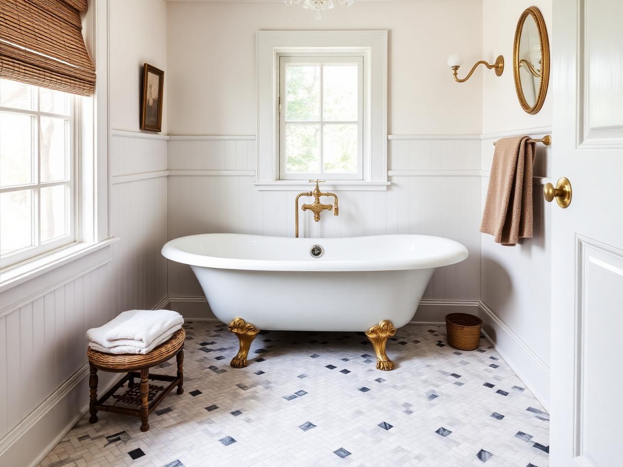 Marble bath with clawfoot tub and brass fittings