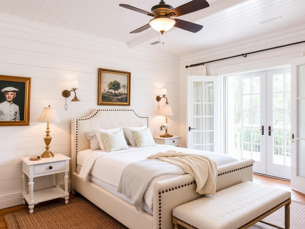 Primary bedroom with linen bedding and shutters