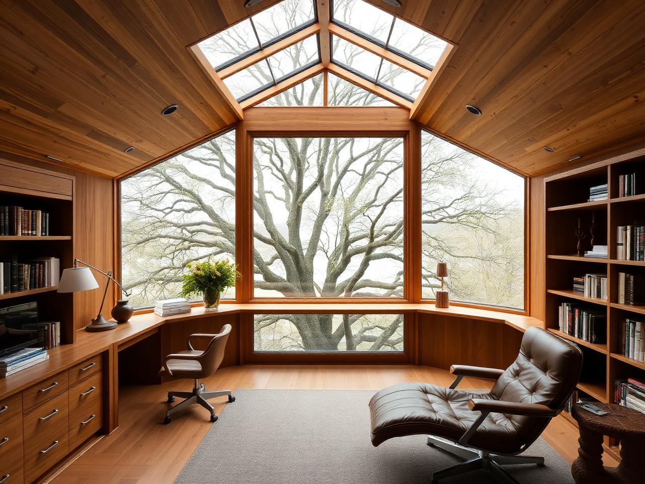 Quiet study with built-in desk and oak views