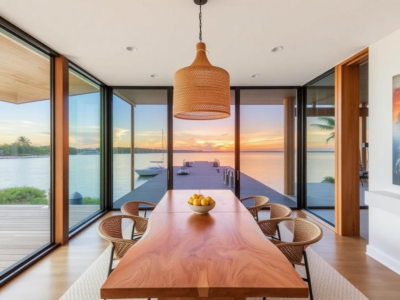 Dining area with oak table and treetop views