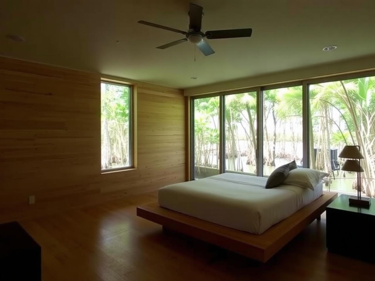 Guest bedroom with linen bedding and bay view