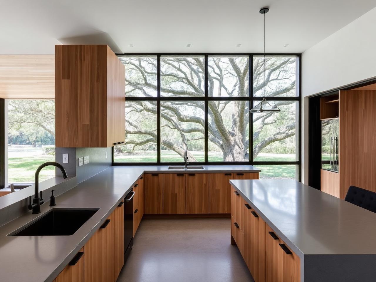 Minimal kitchen with stone island and cypress cabinetry