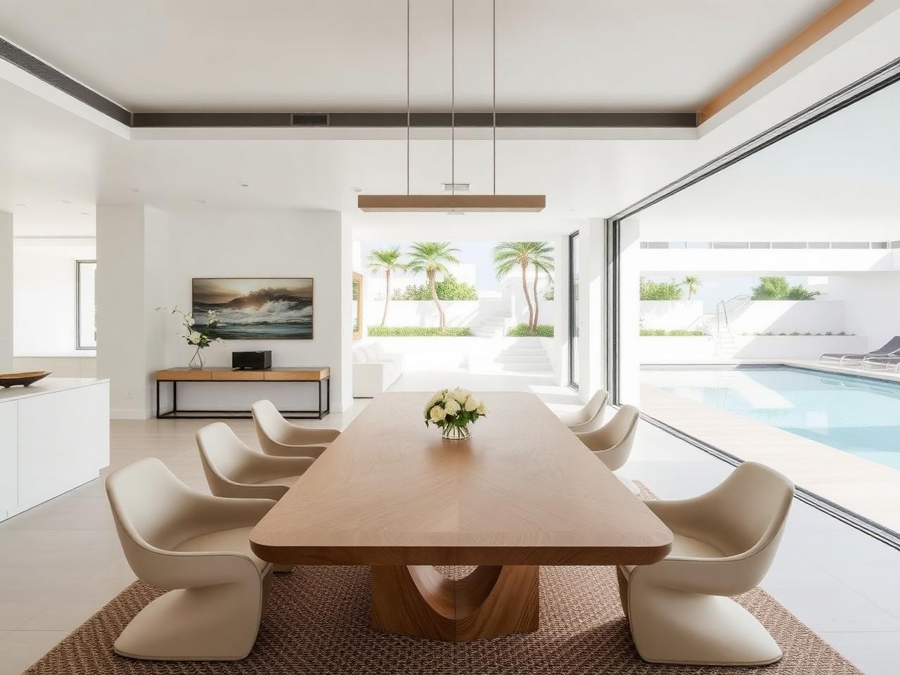 Dining room with sculptural lighting and glass wall