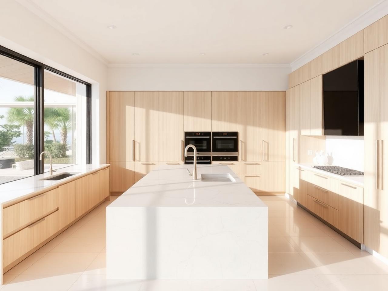 Contemporary kitchen with stone island and concealed scullery