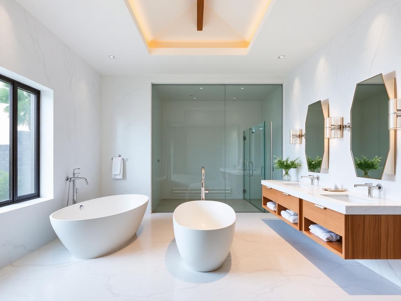 Spa bath with stone tub and floating vanity