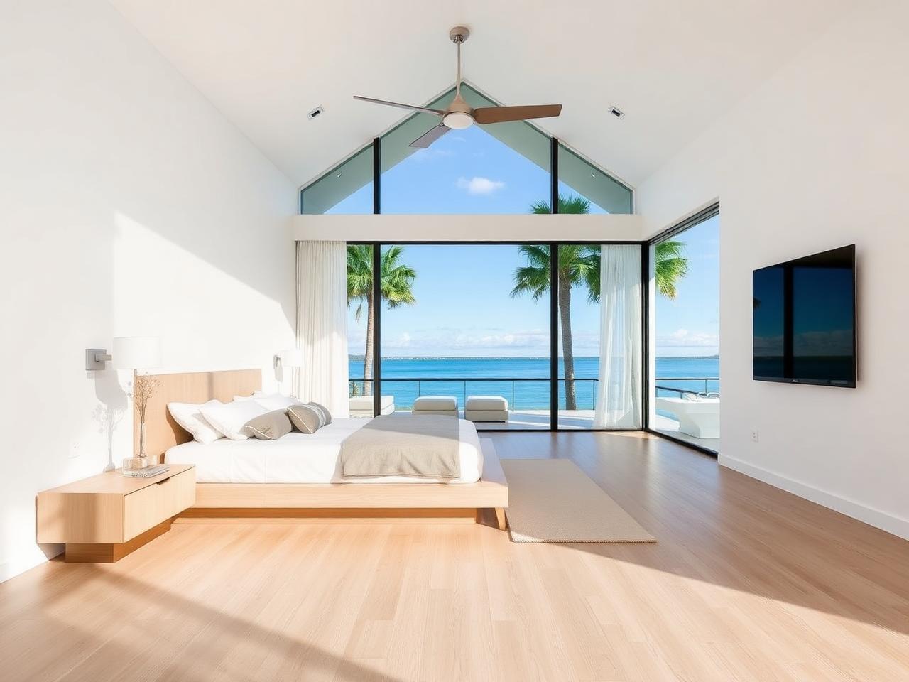 Primary bedroom with a full wall of sliding glass to the bay
