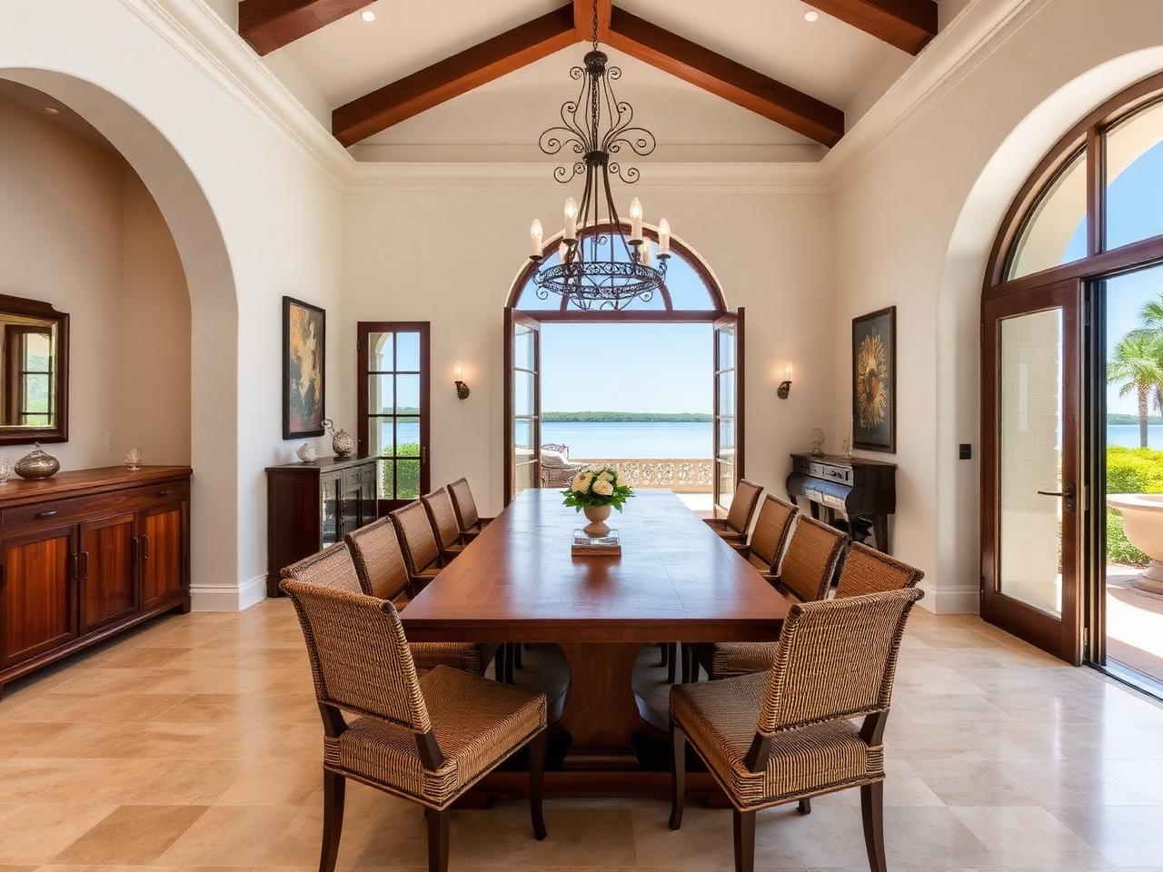 Bayfront dining room with sculptural chandelier