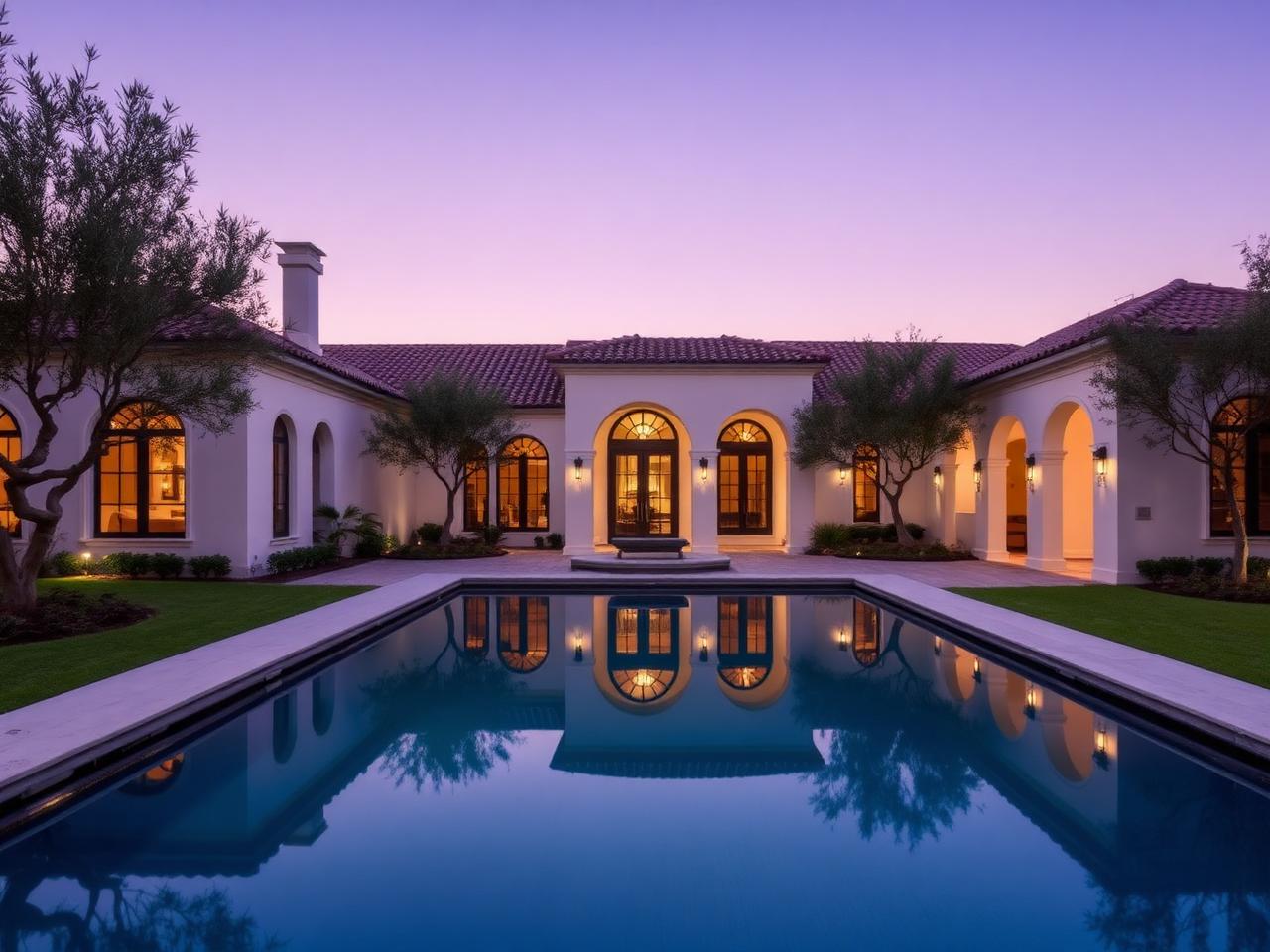 Contemporary bayfront estate on Bird Key with resort pool and open water views at dusk