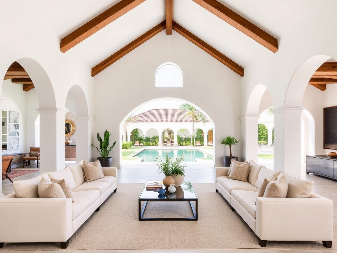 Double-height great room opening to the bay terrace
