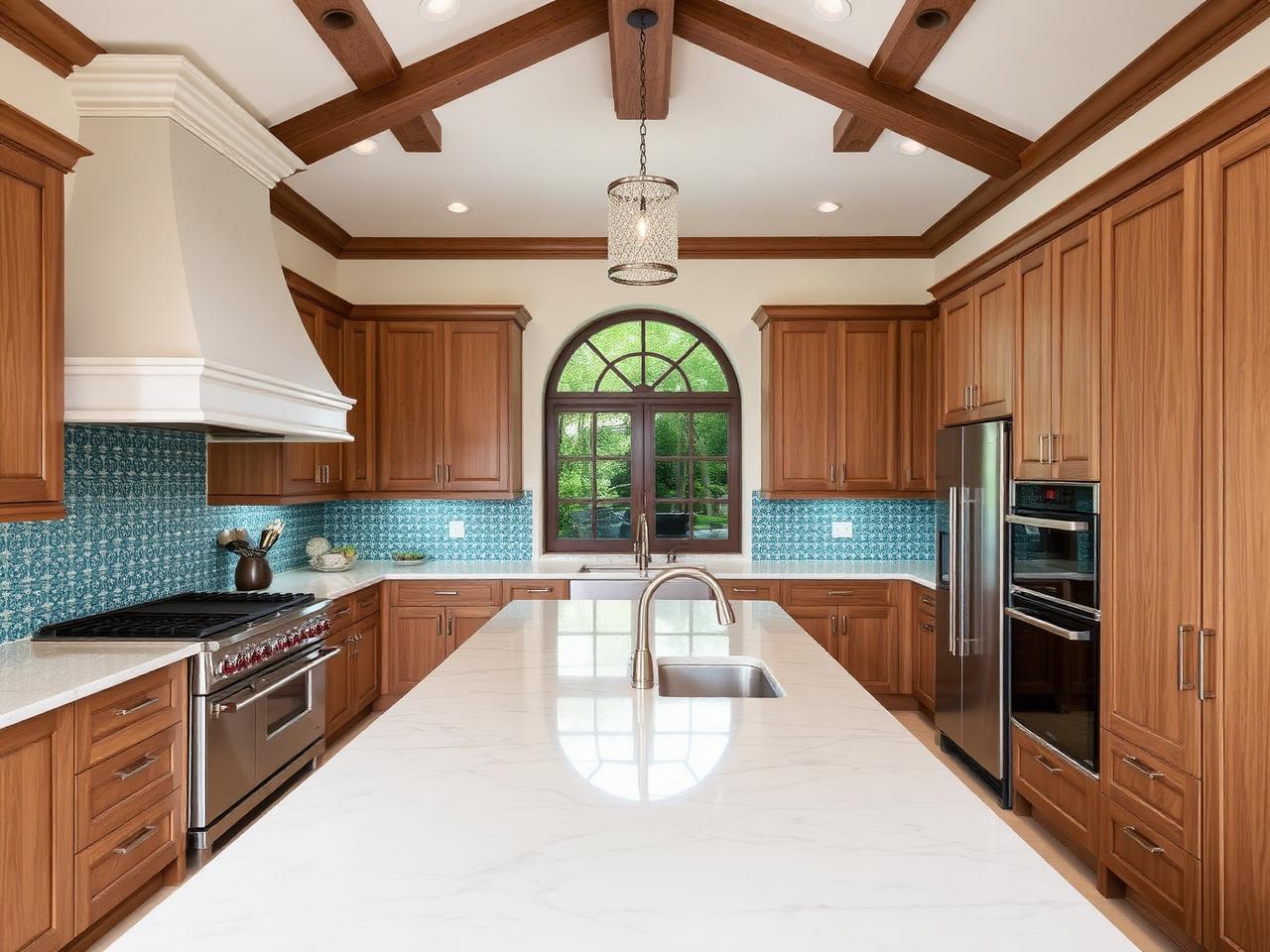 Chef's kitchen with waterfall island and integrated appliances