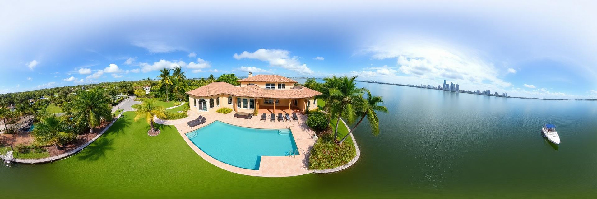 360 degree aerial panorama of the open-bay grounds, dock and pool terrace