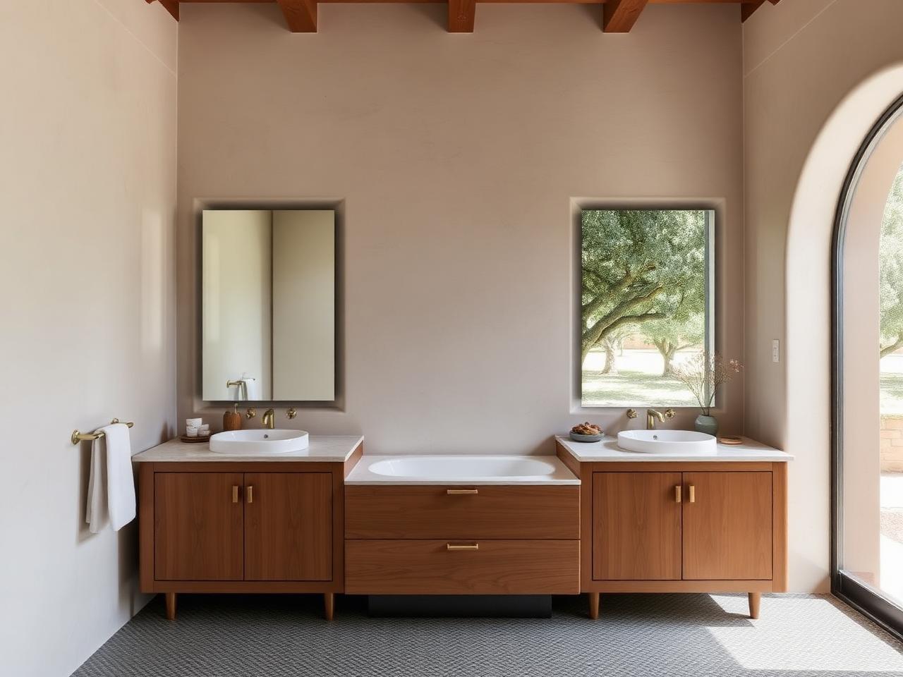 Stone primary bath with twin vanities and freestanding tub