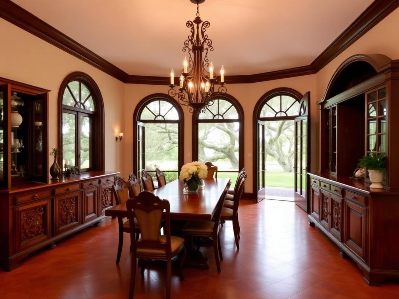 Formal dining room with iron chandelier and garden views