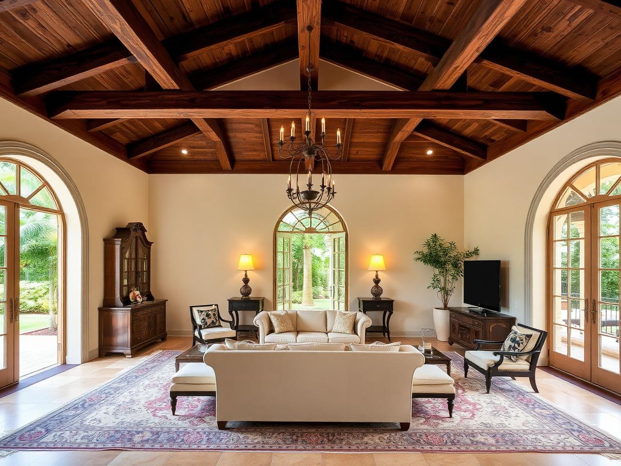 Beamed great room with arched French doors onto the courtyard
