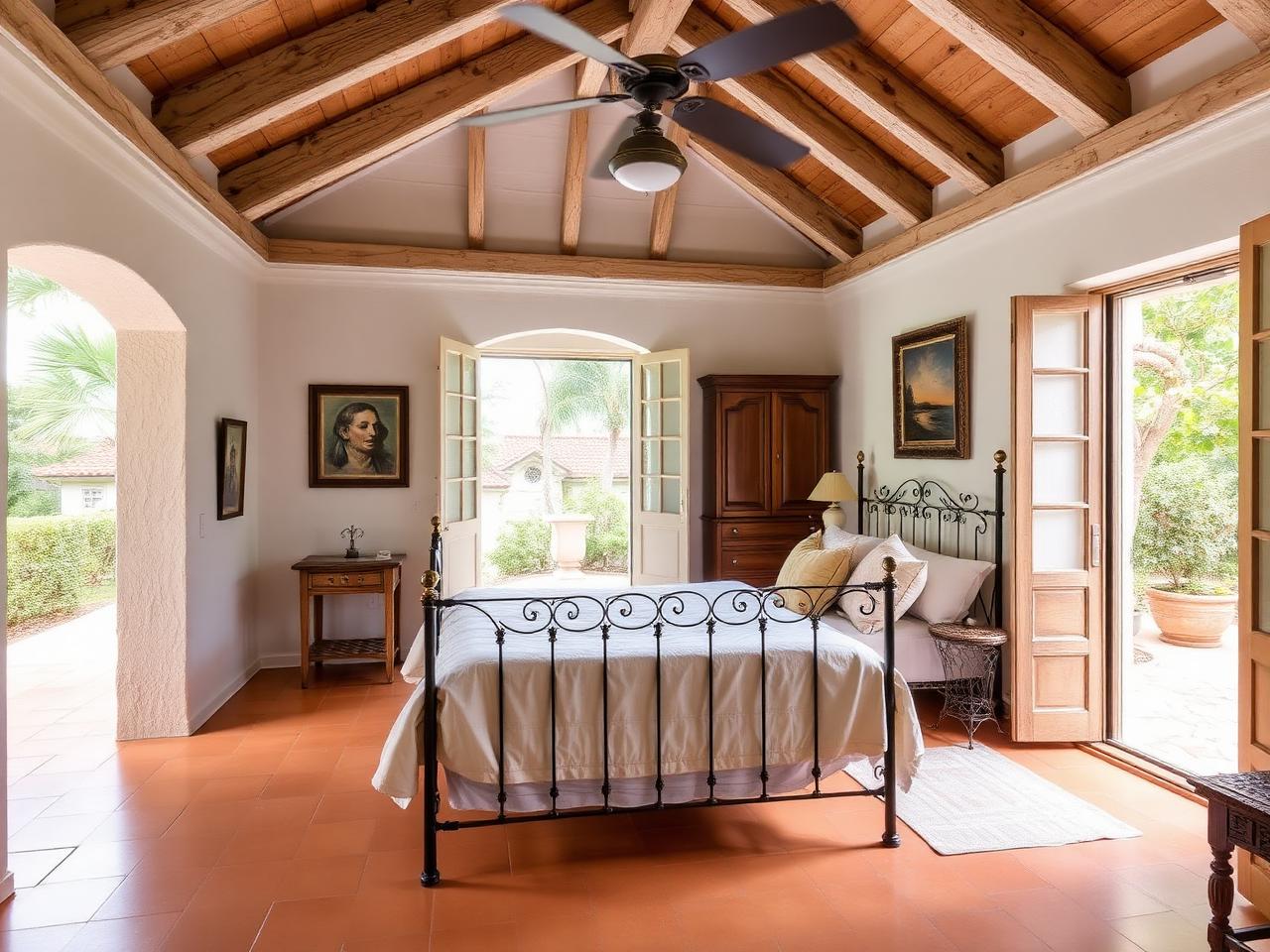 Guest bedroom with plantation shutters and cane bed