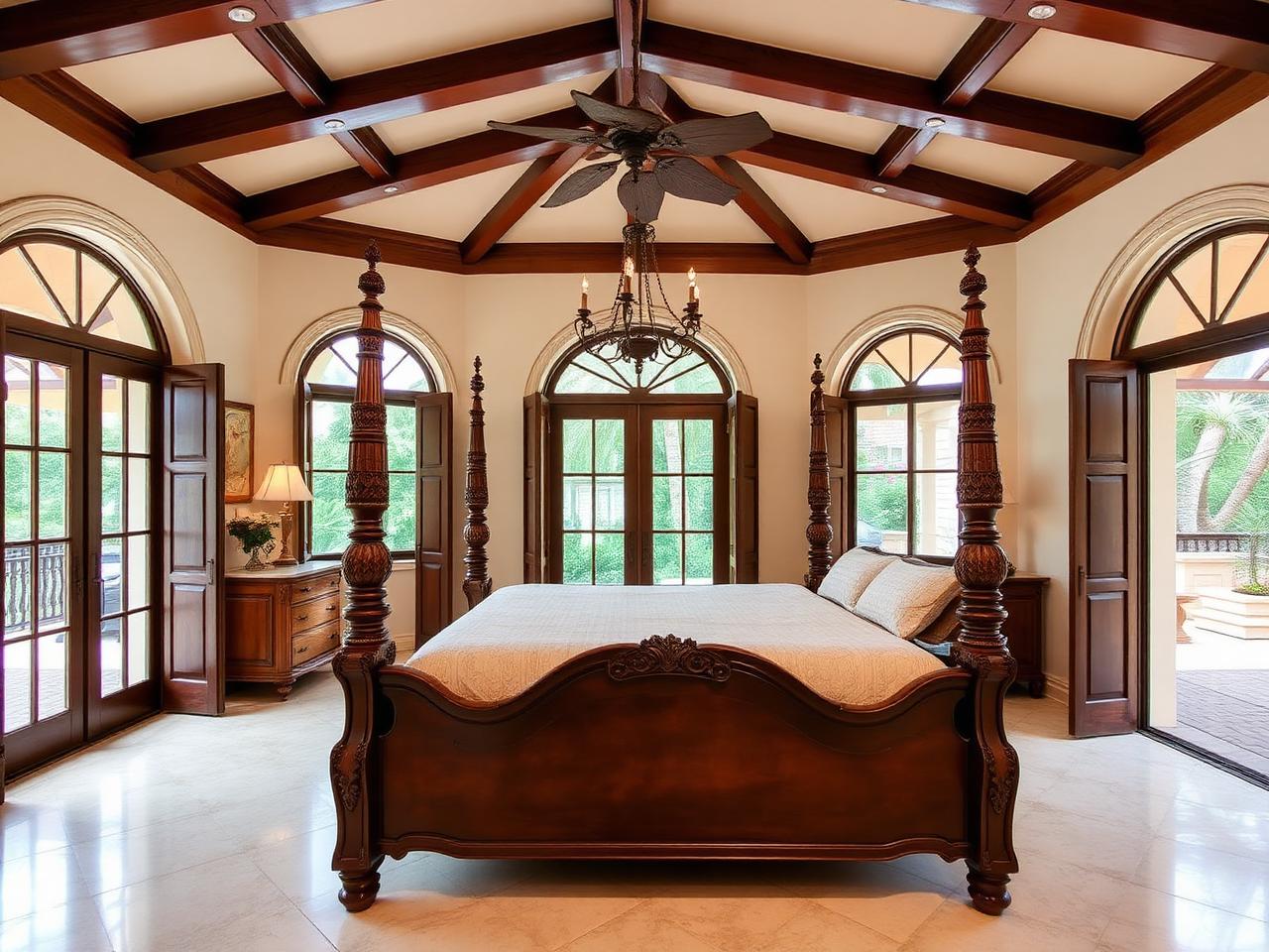 Primary bedroom with arched windows and canopy bed