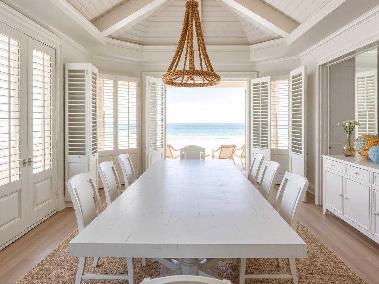 Dining room with rattan chairs and beach views
