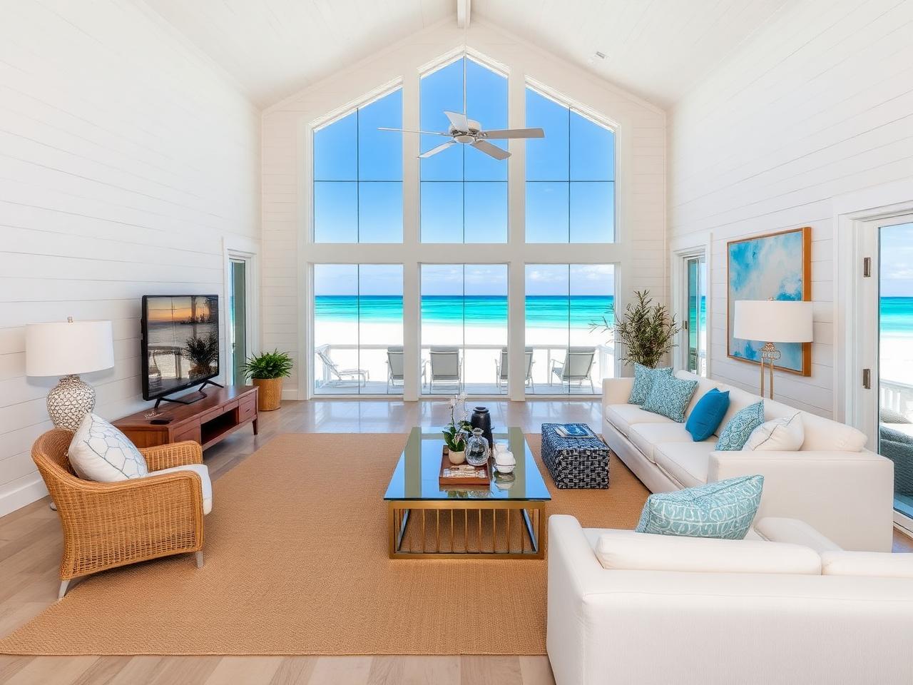 Bright coastal great room with Gulf-facing glass doors