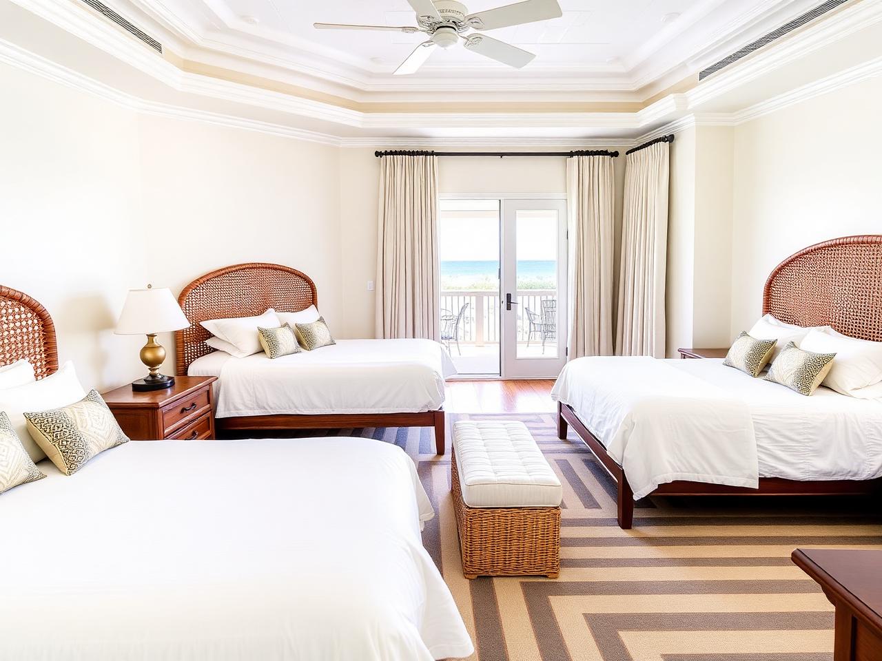 Guest bedroom in pale blue and white coastal tones