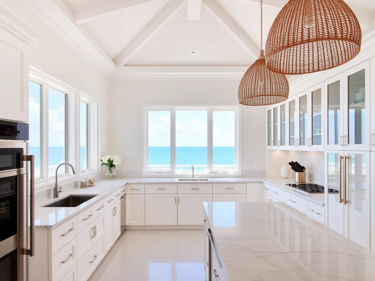 Coastal kitchen with white cabinetry and marble island