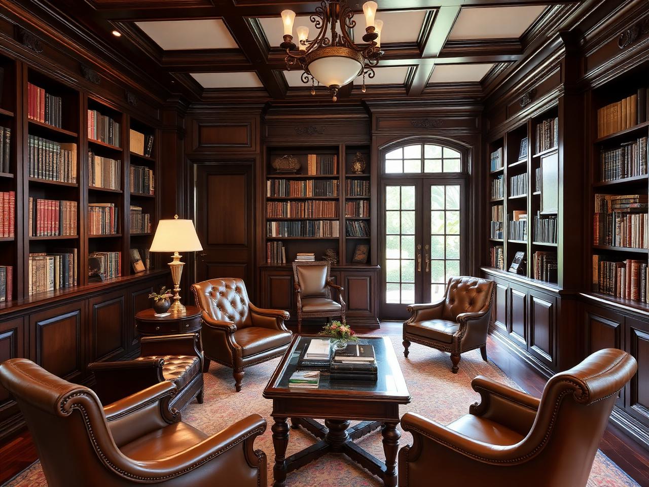 Panelled study with lounge seating and bar