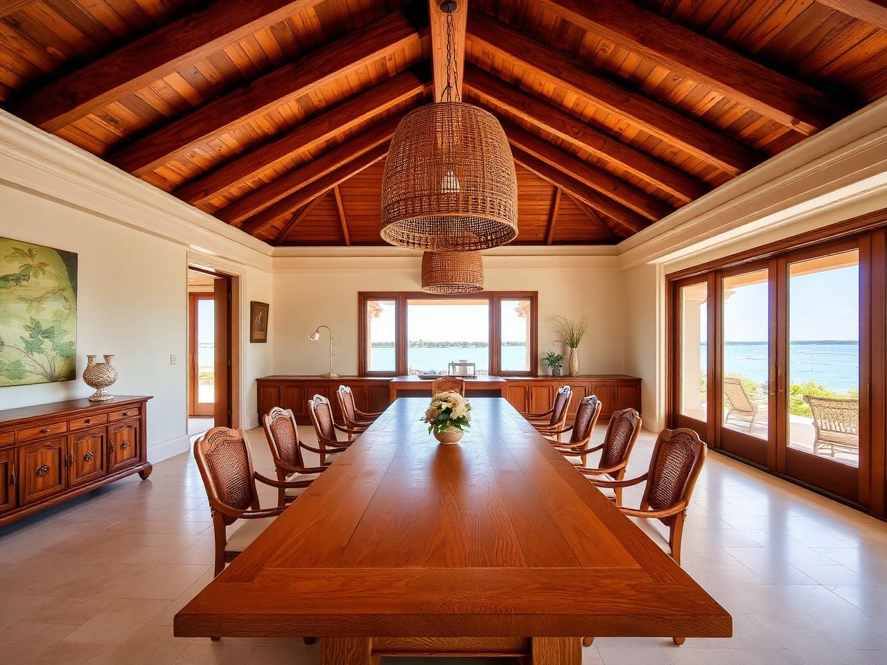 Dining room with bayfront glass and linen drapery