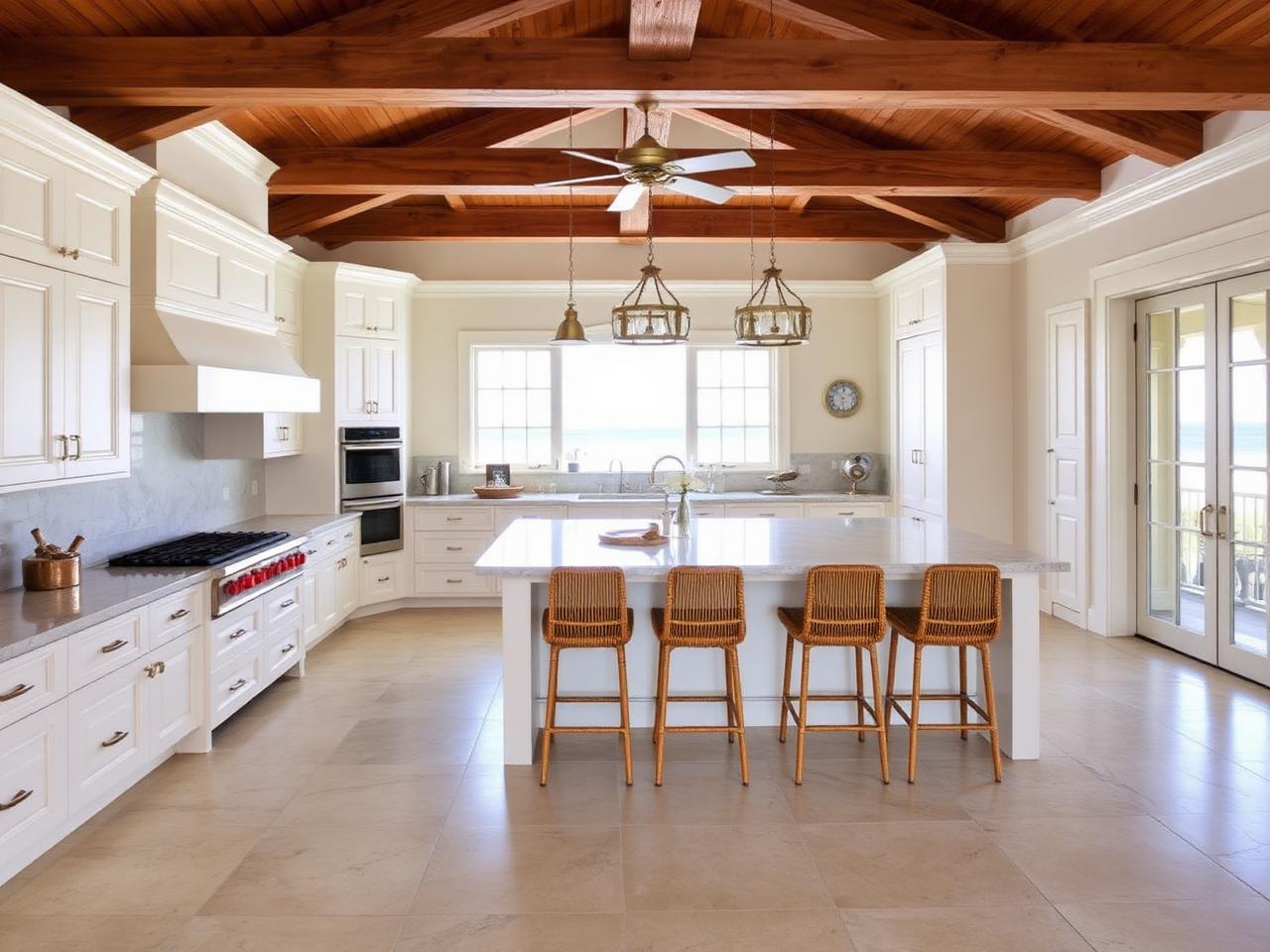 Chef's kitchen with marble island and brass fittings