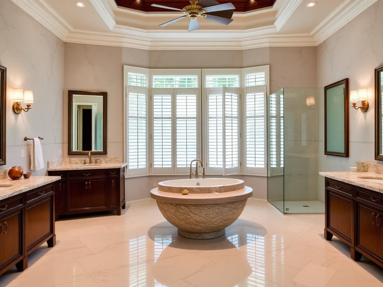 Marble primary bath with soaking tub and garden window
