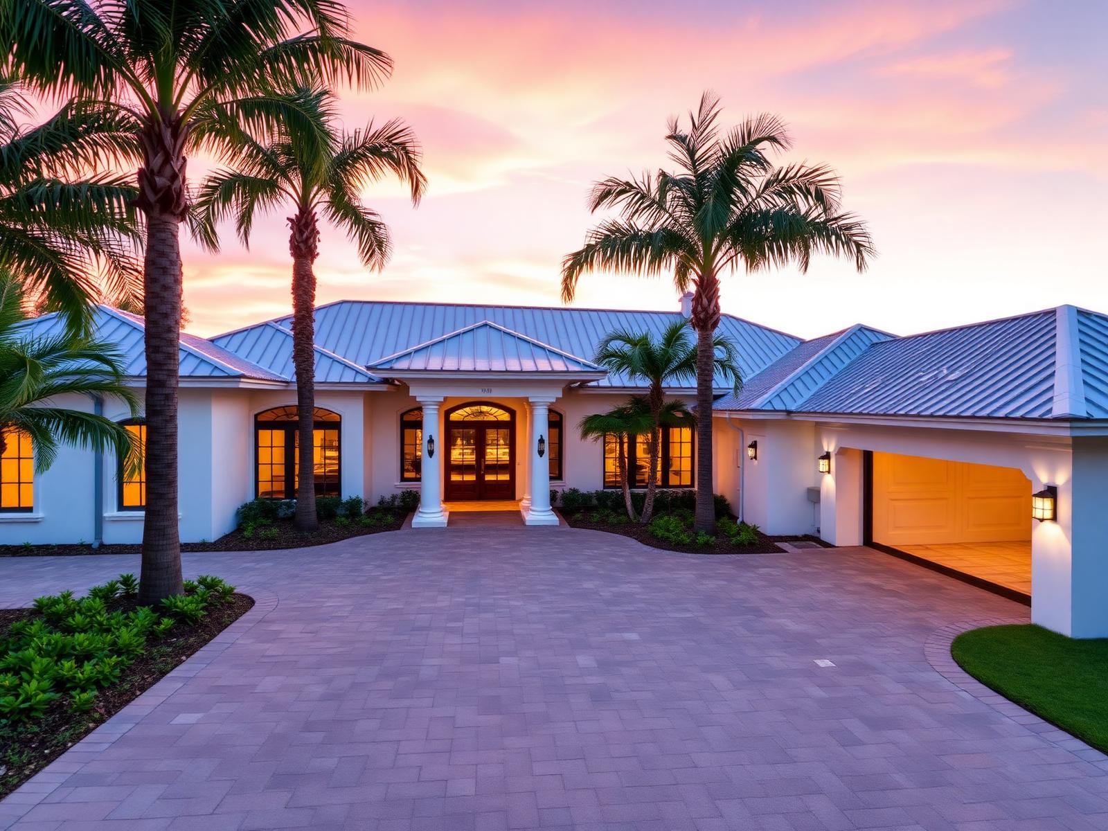 West Indies style white villa with metal roof and palm-lined paver motor court at dusk in Naples