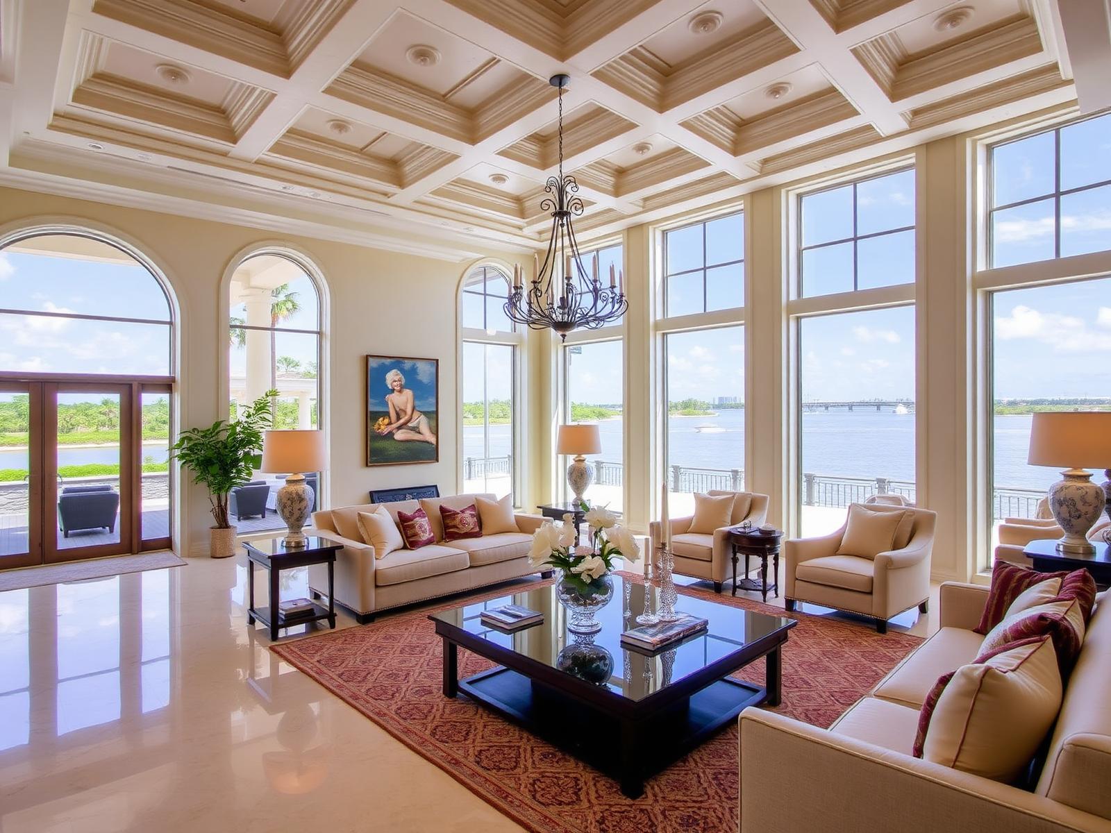 Great room with coffered ceiling and limestone floors