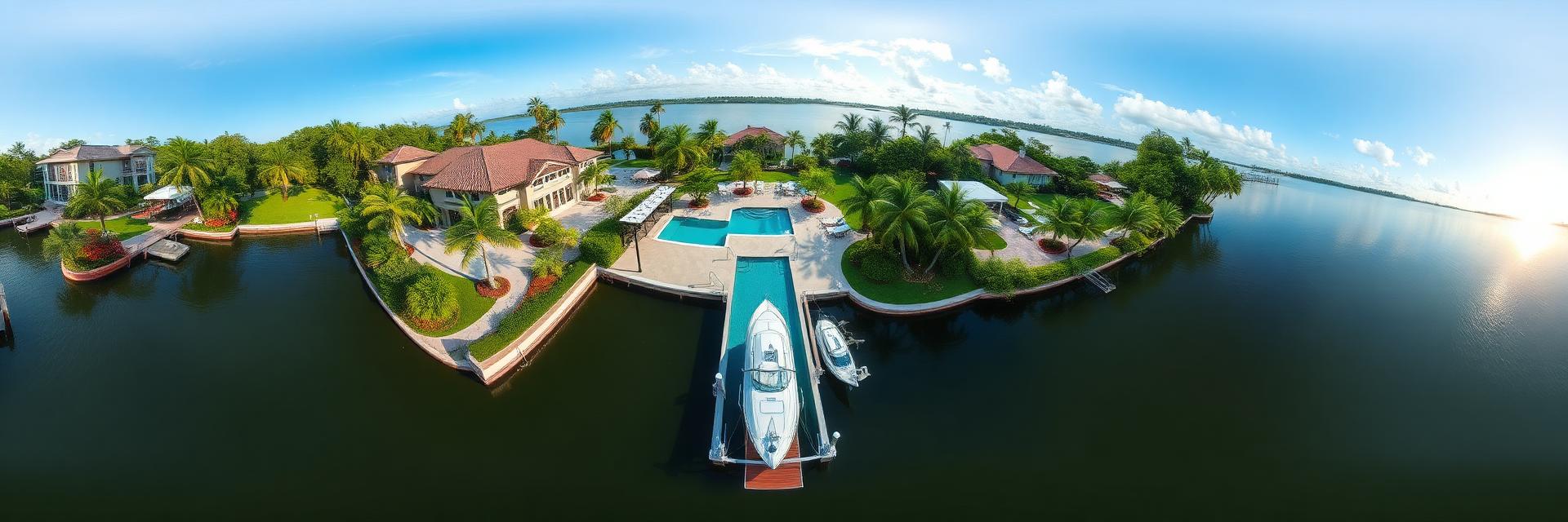 360 degree aerial panorama of the bayfront grounds, dock and pool terrace