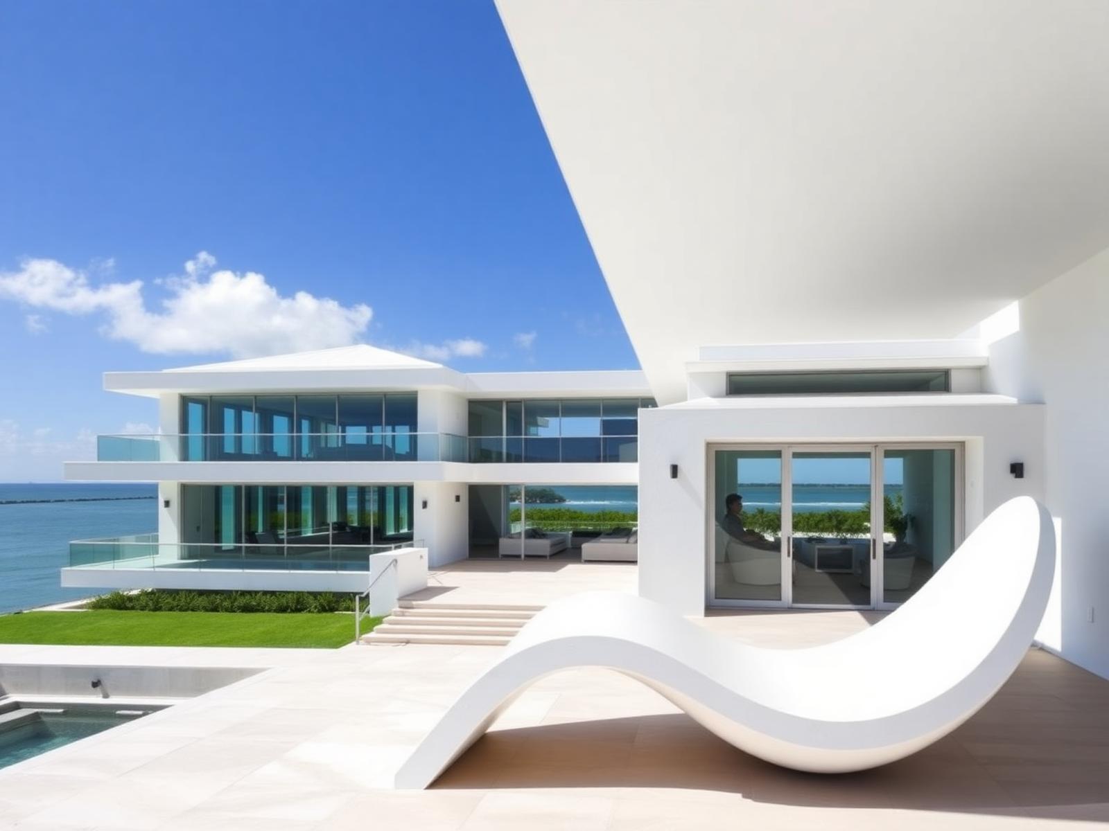 Modern white coastal villa with sculptural bench, pool deck and water view in Sarasota